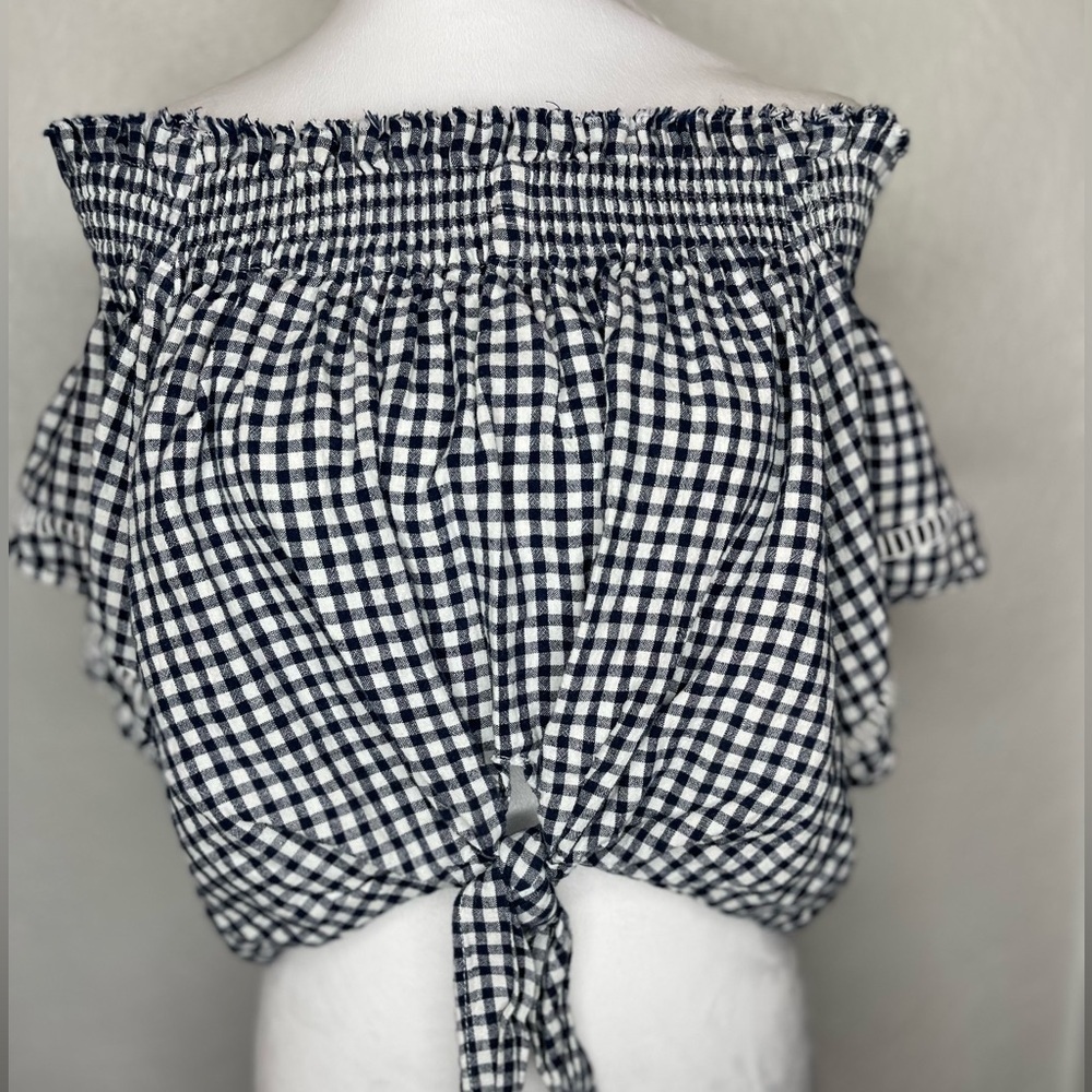 Olivaceous Black White Linen Smocked Gingham Flutter Sleeves Crop Blouse Med